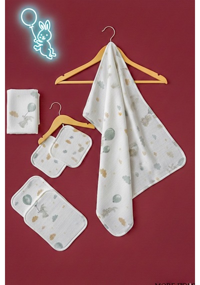 More Home Müslin Bezi Bebek Set 6 Parça 100 % Pamuklu Tavaşanlı Bulut Gri - Beyaz