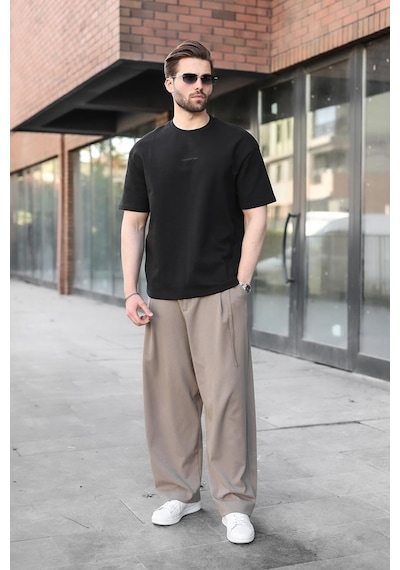 Madmext Siyah Bisiklet Yaka Oversize Erkek Tişört E7176