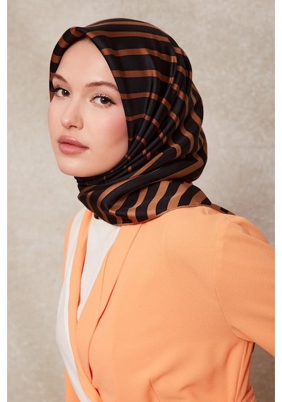 Levidor Şerit Desen Twill İpek Eşarp-0909 Camel