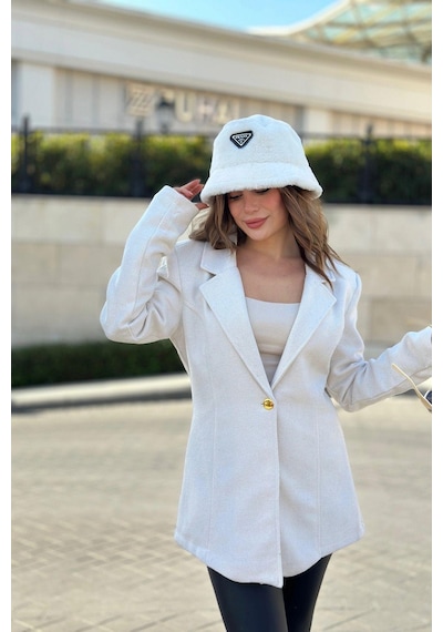 Kadın Beyaz Astarlı, Tek Düğme, Vucüda Oturan Kalıp, Fitilli Kaşe Kumaş Blazer Ceket Beyaz