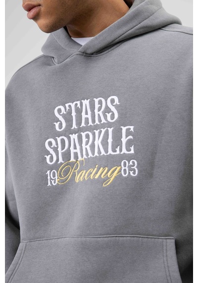 Vamos Oversize Nakış Baskılıkapüşonlu Sweatshirt Füme