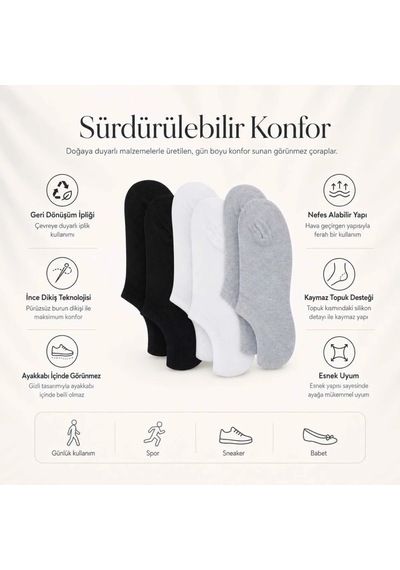 Genel Kadın Görünmez Sneaker Babet Çorap 6'lı Geri Dönüşüm İplikli, Nefes Alan Çok Renkli 6'lı / 36-40