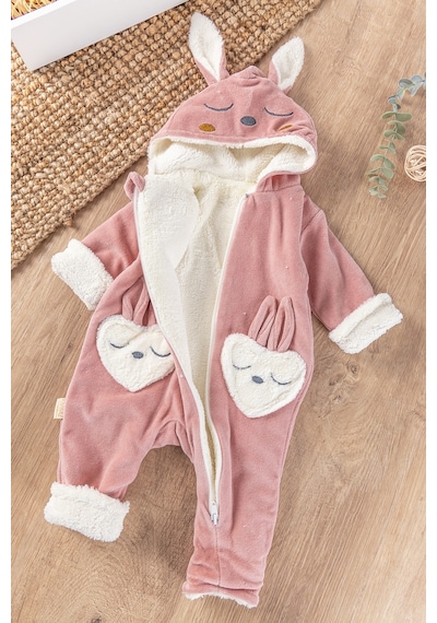 Babymod Tavşan Figürlü Kalpli Kışlık Welsoft Kadife Astronot Kız Bebek Tulum 001