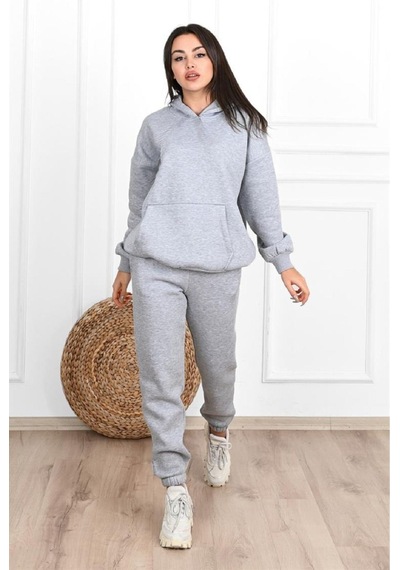 Düz Basic Eşofman Takımı Sweatshirt Jogger - Gri Oversize Şardonlu Kapüşonlu Gri