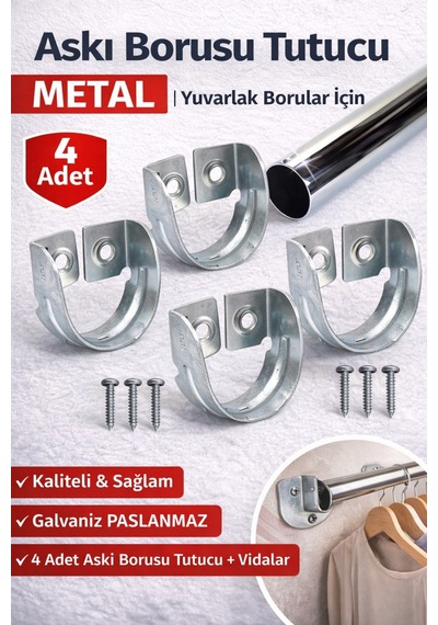 Krom Oval Boru Askı Flanşı Gardırop Dolap İçi Askılık Boru Aparatı Mobilya Uyumlu 4 Adet Set Gümüş