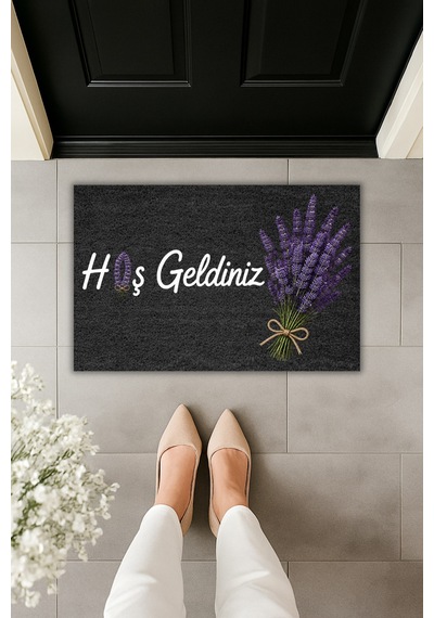 Rugmood Lavanta Desenli Hoş Geldiniz Kapı Önü Paspası Modern Dijital Baskılı Paspas 70x45cm Siyah