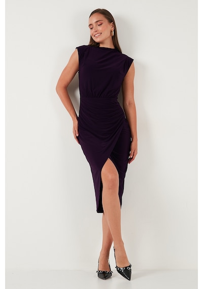 Lela Drape Ve Yırtmaç Detaylı Sıfır Yaka Kolsuz Midi Boy Bayan Elbise 611El694 Mor Lela Drape Ve Yırtmaç Detaylı Sıfır Yaka Kolsuz Midi Boy Bayan Elbise 611El694 Mor