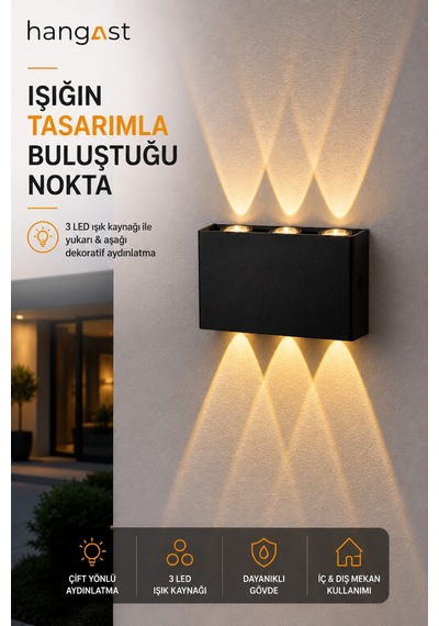 Pilli Gün Işığı 12w 3 Led Çift Yönlü Siyah Duvar Aplik Dekoratif Led Aydınlatma İç Dış Mekan Siyah