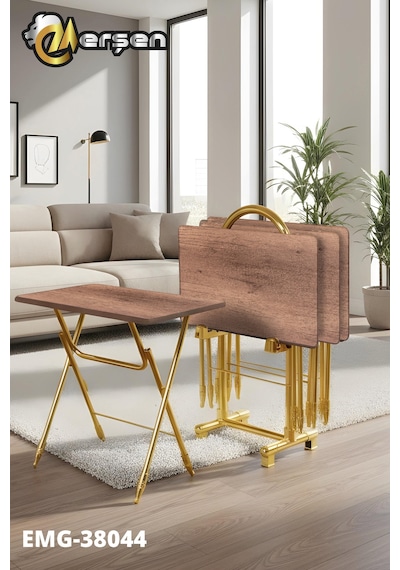 Eranş Serisi 4'lü Katlanır Mdf Mebran Ahşap Çanta Zigon Sehpa Gold Ayak Koyu Ahşap Desen Gold Ayak
