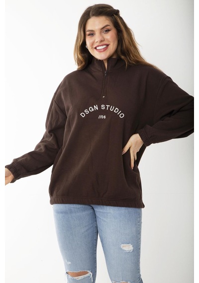 Şans Kadın Büyük Beden Kahve İçi Şardonlu Ön Pat Fermuarlı Nakışlı Sweatshirt 65n37202-kahve Kahverengi