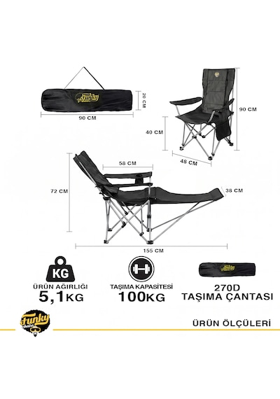 Funky Chaırs Legend Plus Şemsiyeli Yatabilen Kamp Sandalyesi - Siyah