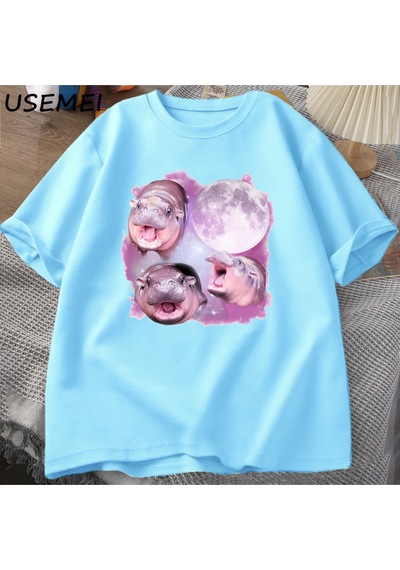 Flood Of Style Üç Moo Deng Ay Tshirt Erkekler Kadınlar Fuuny Karikatür Sevimli Moodeng T-shirt Pamuk Kısa Ko Mavi