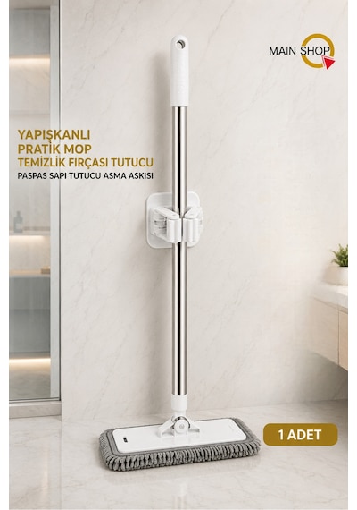Mainshop Kendinden Yapışkanlı Duvar Askısı Mop Ve Paspas Tutucu - Delmesiz Pratik Temizlik Askısı M-310 Beyaz