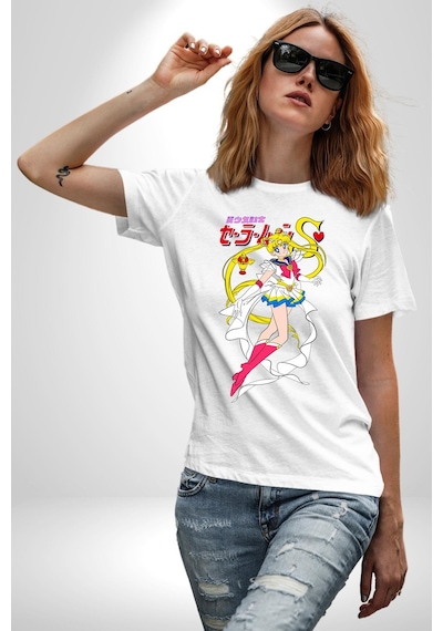 Sailor Moon Anime Usagi Tsukino Unisex Unisex Beyaz Organik Baskılı T-shirt Penye Yüksek Kalite Beyaz