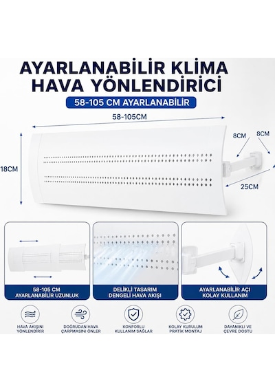 Ayrex Ayarlanabilir Klima Hava Yönlendirici 58-105 Cm Split Klima Hava Deflektörü, Delikli Siperlik, Klima Çarpm