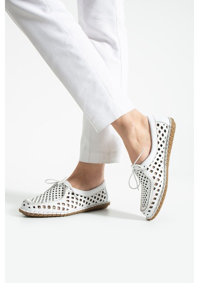 Dabab Shoes Vırena Kadın Beyaz Hakiki Deri File Bağcıklı Düz Taban Yazlık Babet Loafer Ayakkabı