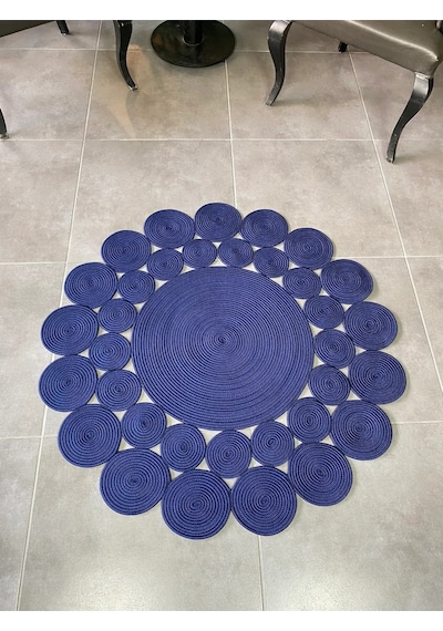 Mavaux Hasır Jüt Çiçek Desenli Kilim Halı Lacivert