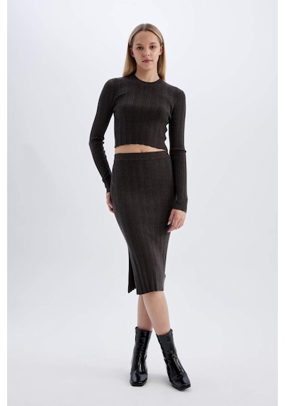 Defacto Coool Slim Fit Dar Kesim Basic Düz Yırtmaçlı Triko Midi Etek A2058AX24AUAR227 Antrasit