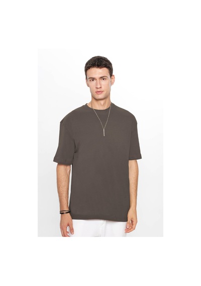 Tudors Unisex Oversize Geniş Kesim %100 Pamuk Yumuşak Dokulu Basic Bisiklet Yaka Füme Tişört-35182 Füme