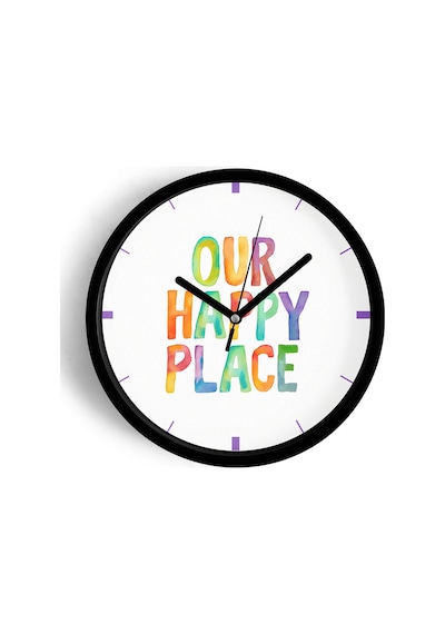 Modern Yazılı Tasarım - '' Our Happy Place '' Duvar Saati - 25cm - Önü Camlı Siyah Kasa-jh0908 Siyah