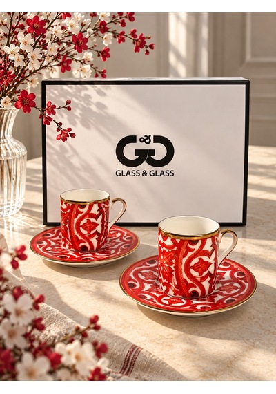 2 Kişilik Porselen Latte Red Kahve Fincanı Takımı 100 Ml-8015 Kırmızı