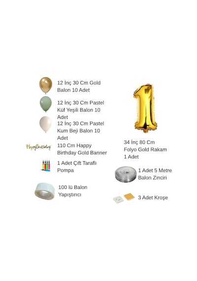 1 Yaş Pompa Hediyeli Doğum Günü Seti Gold Banner Krom Gold Küf Yeşili Kum Beji Balonlar Gold Folyo Rakam Çok Renkli
