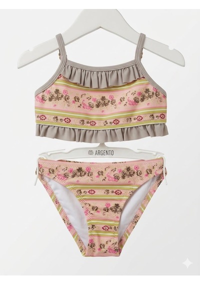 My Kids Wear Zarif Çiçek Desenli Kız Çocuk Bikini Takımı 1003- Vizon
