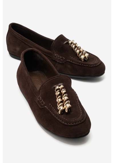 Luvi Shoes Nowell Kahverengi Süet Hakiki Deri Metal Fiyonklu Kadın Loafer Ayakkabı