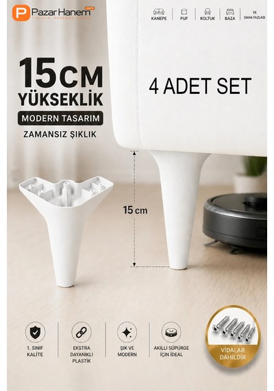 Modern Plastik Mobilya Ayağı - 4'lü Set Kanepe Koltuk Baza Puf Ayağı Beyaz + Vidalar Dahil