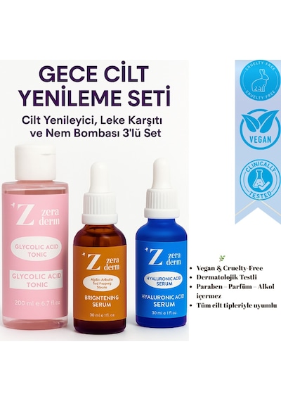 3 Lü Gece Cilt Yenileme Seti Glikolik Tonik + Leke Serumu + Hyaluronik Asit