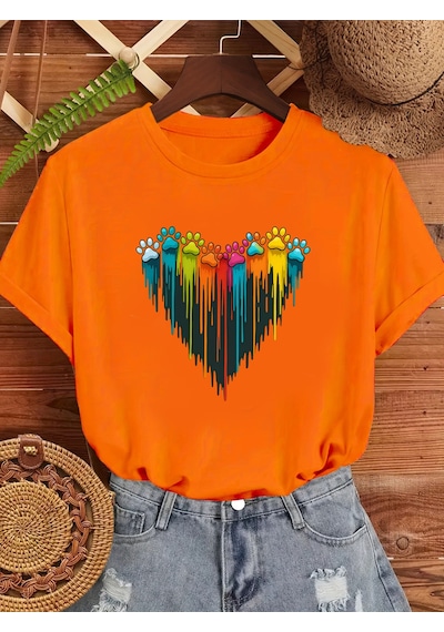 Unisex Sevimli Kedi Patili Kalp Tasarım Basklı Tshirt Turuncu