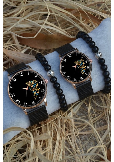 Siyah Rose Gold Hasır Çift Kelebek Saat Ve Bileklik Hediyeli Çift Sevgili Saatleri