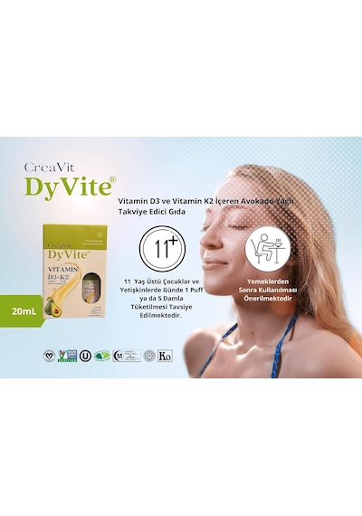 Dyvite Vitamin D3k2, Avokado Yağlı, Limon Aromalı Takviye Edici Gıda, 20 Ml