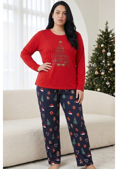 Siyah İnci Pamuklu Likralı Büyük Beden Battal Boy Örme Pijama Takım 26240934 Kırmızı