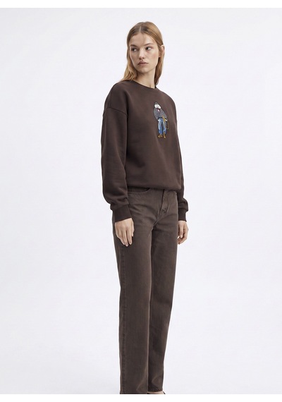Fabrika Kahverengi Kadın Bisiklet Yaka Loose Fit Nakışlı Sweatshirt F6wl-swt0086 Kahve