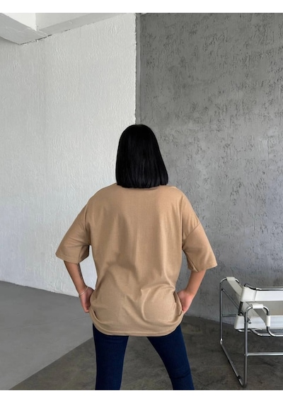 Wear Vexel Kadın Düz T-shirt Kısa Kol Bisiklet Yaka Oversize Rahat Kalıp Günlük Tişört - Bej Bej Wear Vexel Kadın Düz T-shirt Kısa Kol Bisiklet Yaka Oversize Rahat Kalıp Günlük Tişört - Bej Bej