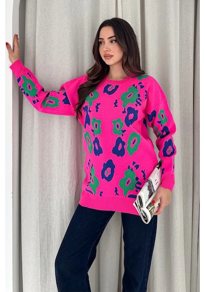 Bisiklet Yaka Uzun Kollu Çiçek Desenli Oversize Triko Kazak Pembe Pembe