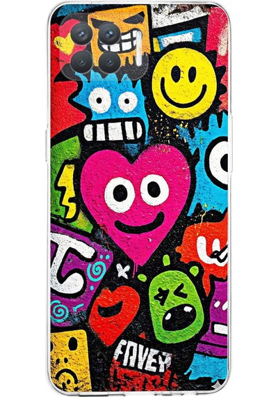Oppo Reno 4 Lite İle Uyumlu Grafiti Aşk Tasarımlı Şeffaf Silikon Kılıf Şeffaf