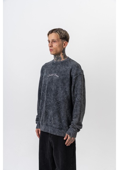 Respire Erkek Divided Baskılı Yıkamalı Bisiklet Yaka Oversize Sweatshirt Siyah