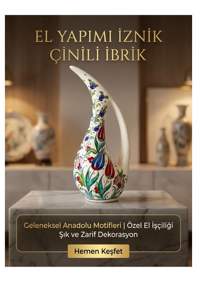 El Yapımı İznik Çinili Ağzı Eğri İbrik / Sürahi