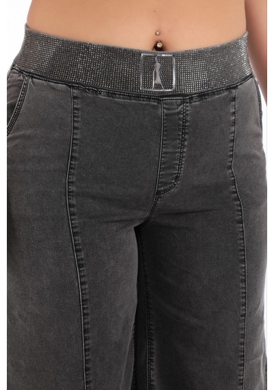 Büyük Beden Denim Taşlı Bol Paça Detaylı Kadın Pantolon Siyah