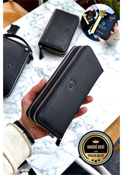 Tigan Unisex Siyah Çift Fermuarlı Hakiki Deri Telefon Cüzdanı El Çantası Siyah