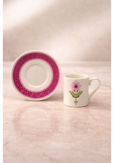 2 Kişilik Porselen Mor Papatya Desenli Kahve Fincan Takımı Seti 90ml Beyaz