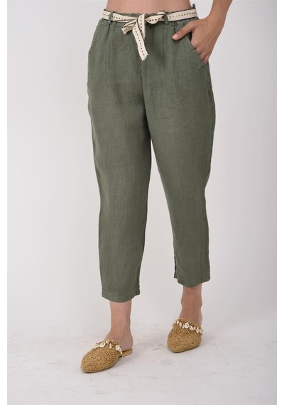 Bohem Stil Kadın Keten Havuç Pantolon-8603 Haki Yeşil Haki