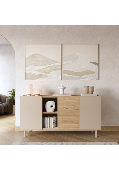 Robin Home Luka Konsol 3 Kapaklı Raflı Ahşap Ayaklı 150cm Kumsal-sepet Bej