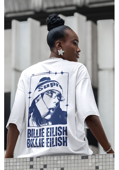 Sevbano Tasarım Billie Eilish Şarkıcı Sırt Baskılı Unisex Oversize Tişört Beyaz