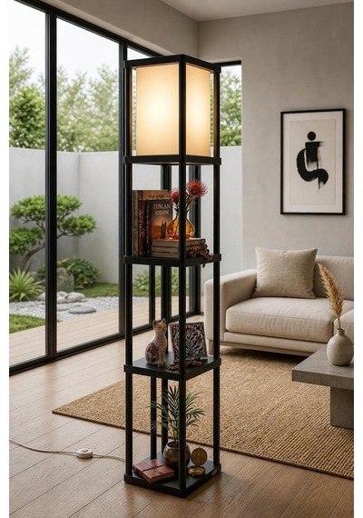 Lambaderyn Siyah Raflı Lambader 135 Cm, Kitaplıklı Ve Sehpalı Ayaklı Lamba, 23x23 Cm 3 Raflı Dekoratif Köşe Aydınlatması, E27 Duy Uyumlu Salon, Genç Odası Ve Çalışma Odası İçin Diğer