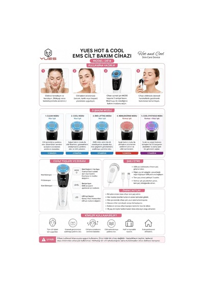 Hot & Cool Ems Cilt Bakım Cihazı, Sıcak Soğuk Yüz Masaj Aleti, Led Işık Destekli, Mikro Titreşimli, Şarjlı Yüz Bakım Cihazı, Temizleme, Nemlendirme Ve Bakım Modları, Model D818