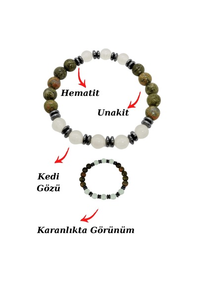Gümüştel El Sanatları Sertifikalı Unakit Kedi Gözü Hematit Doğal Taş Bileklik Karanlıkta Işık Saçar Çok Renkli