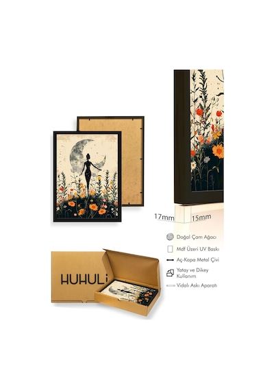 Doğal Ahşap Çerçeveli Çiçek Desenli Tablo - Soyut Huhu1257